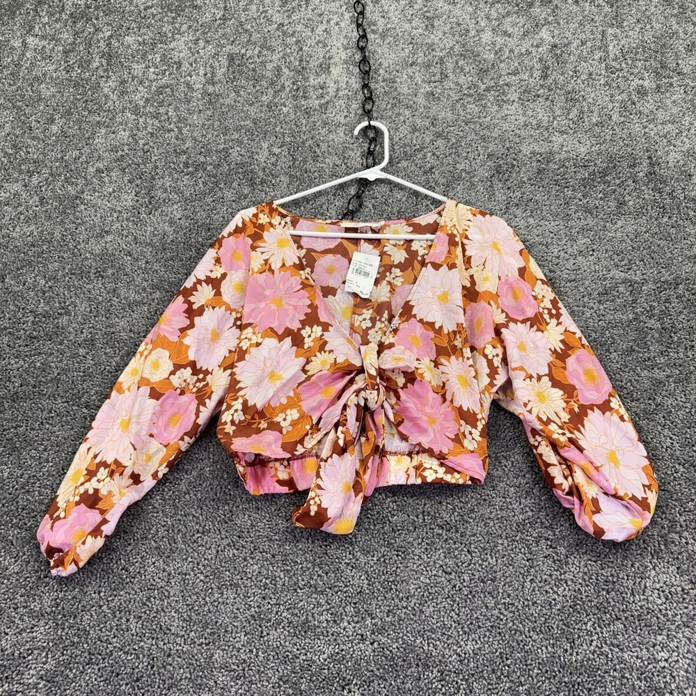 Lush Blouse Womens Medium Pink Brown Floral Long Sleeve Tie Front Cropped